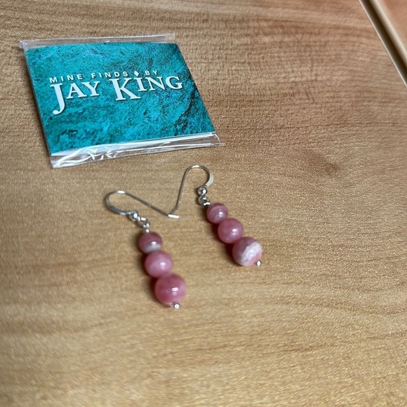 Rhodochrosite 3 bead drop earrings (pierced) by Jay King - Picture 6 of 7